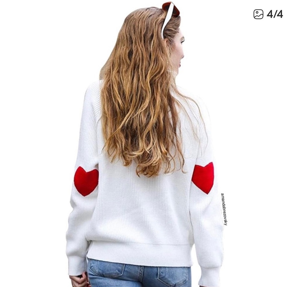 Chicwish White Sweater with Red Heart Elbows